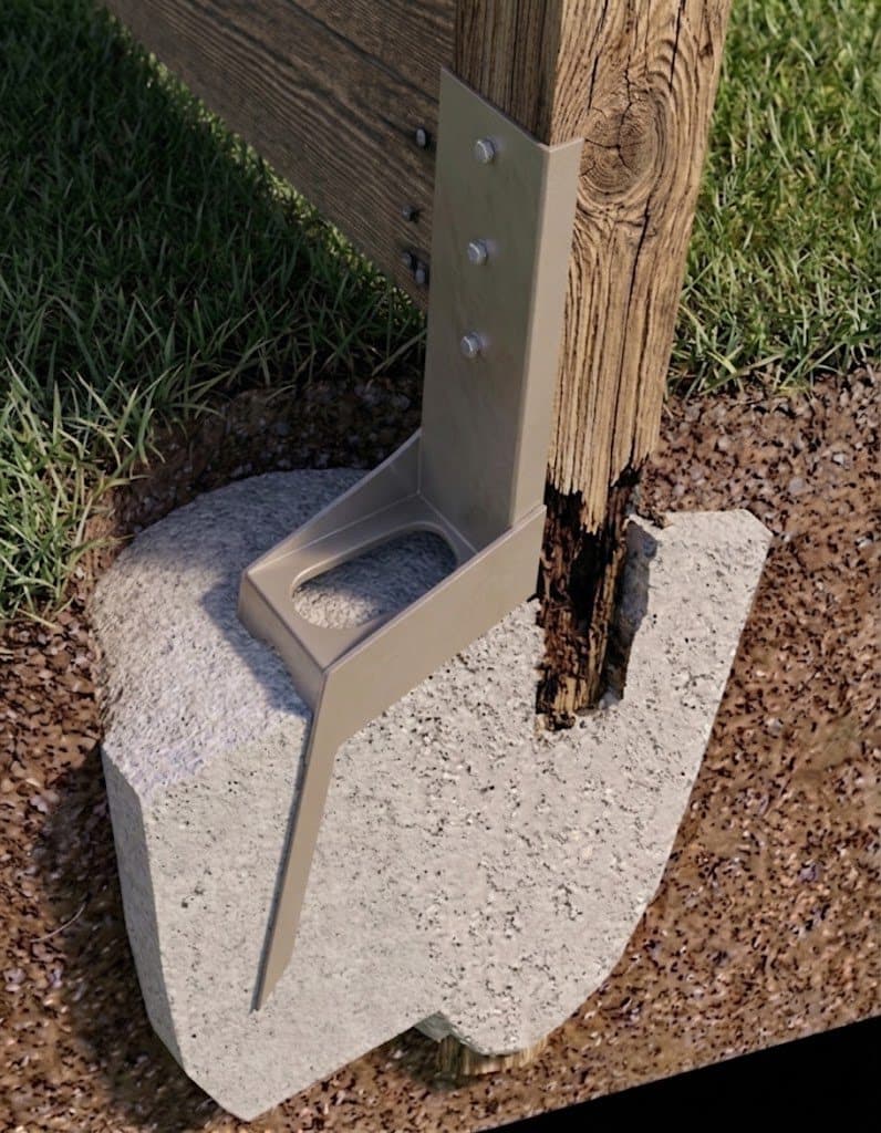 Fence post held perfectly upright while the tan Lean On Me fixture is anchored in a new concrete footing