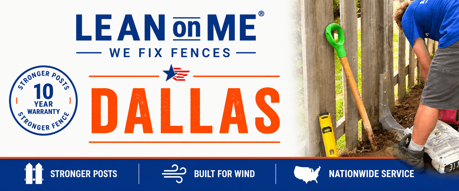 Lean On Me installer repairing a wooden fence post with the steel fixture in Dallas